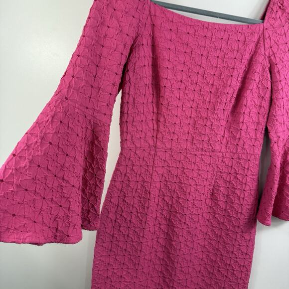 Trina Turk New Favor Pink Square Neck Bell Sleeve Dress Size 4 Sheath Textured - Picture 7 of 15